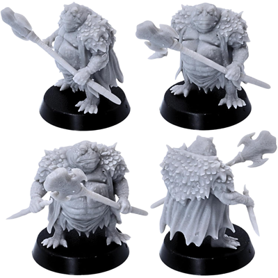 Unpainted Swamp Toad warrior miniature shown from multiple angles with large axe, scale-covered shoulders, cloak, and 25mm round base.