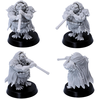 Unpainted Swamp Toad warrior using a blowpipe with scale-textured shoulders, cloak, belt details, and 25mm round base.