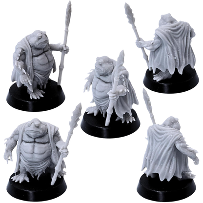 Unpainted Swamp Toad warrior shown from multiple angles with long spear, flowing cloak, textured skin, and fantasy tribal equipment.