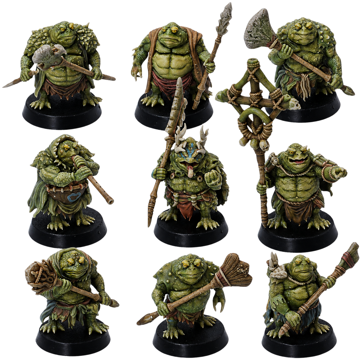 Painted Swamp Toads set of 9 by Highlands Miniatures showing fantasy amphibian warriors with spears, axes, clubs, staffs, and tribal equipment.
