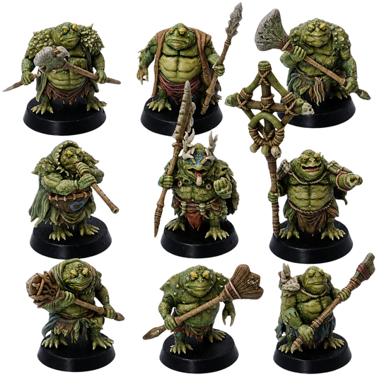 Painted Swamp Toads set of 9 by Highlands Miniatures showing fantasy amphibian warriors with spears, axes, clubs, staffs, and tribal equipment.