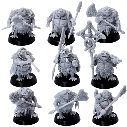 Unpainted Swamp Toads set of nine by Highlands Miniatures showing varied fantasy toad warriors with tribal weapons and accessories.