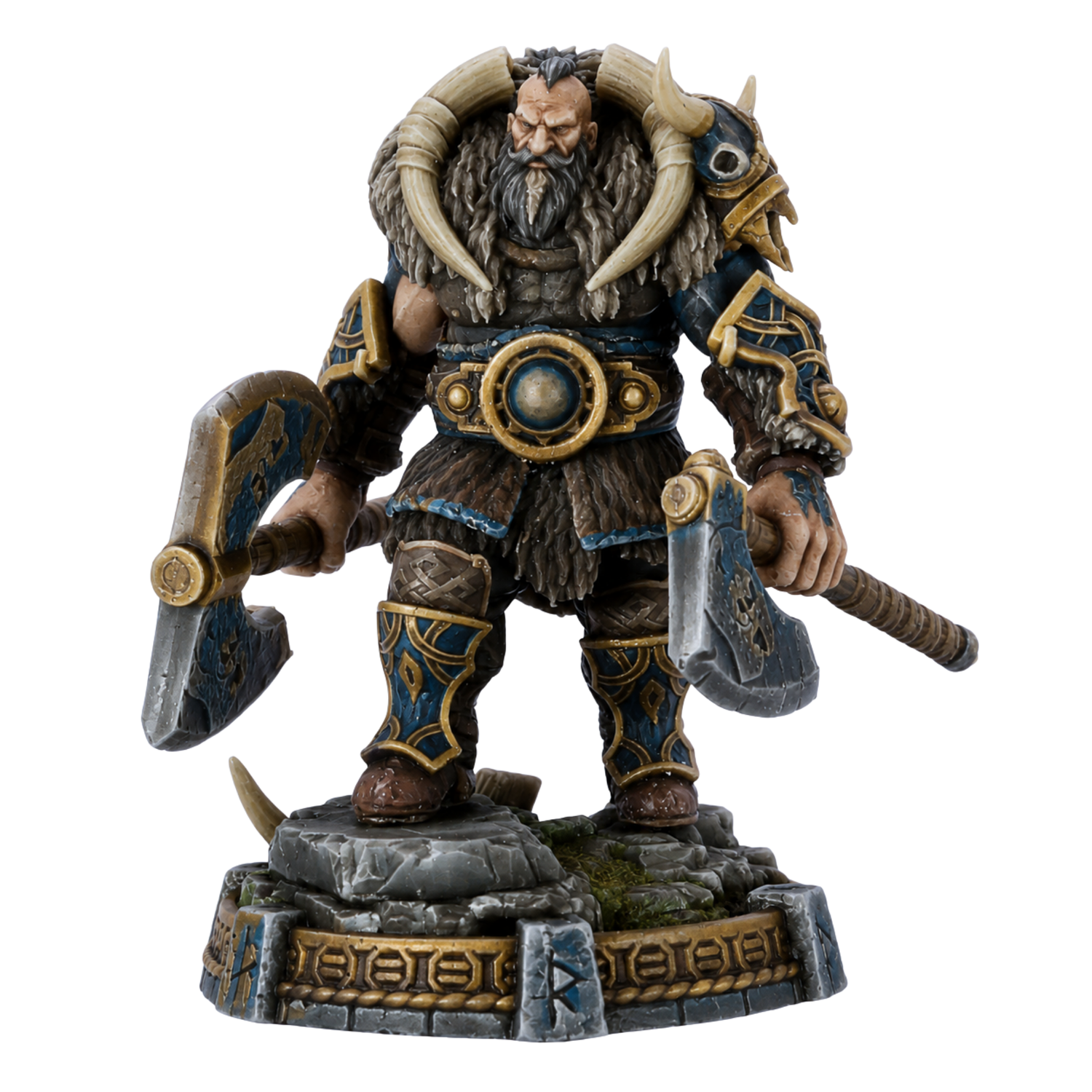 Painted Thane Eboncry miniature by Daybreak Miniatures with twin axes, fur mantle, ornate armour, and scenic rune base.