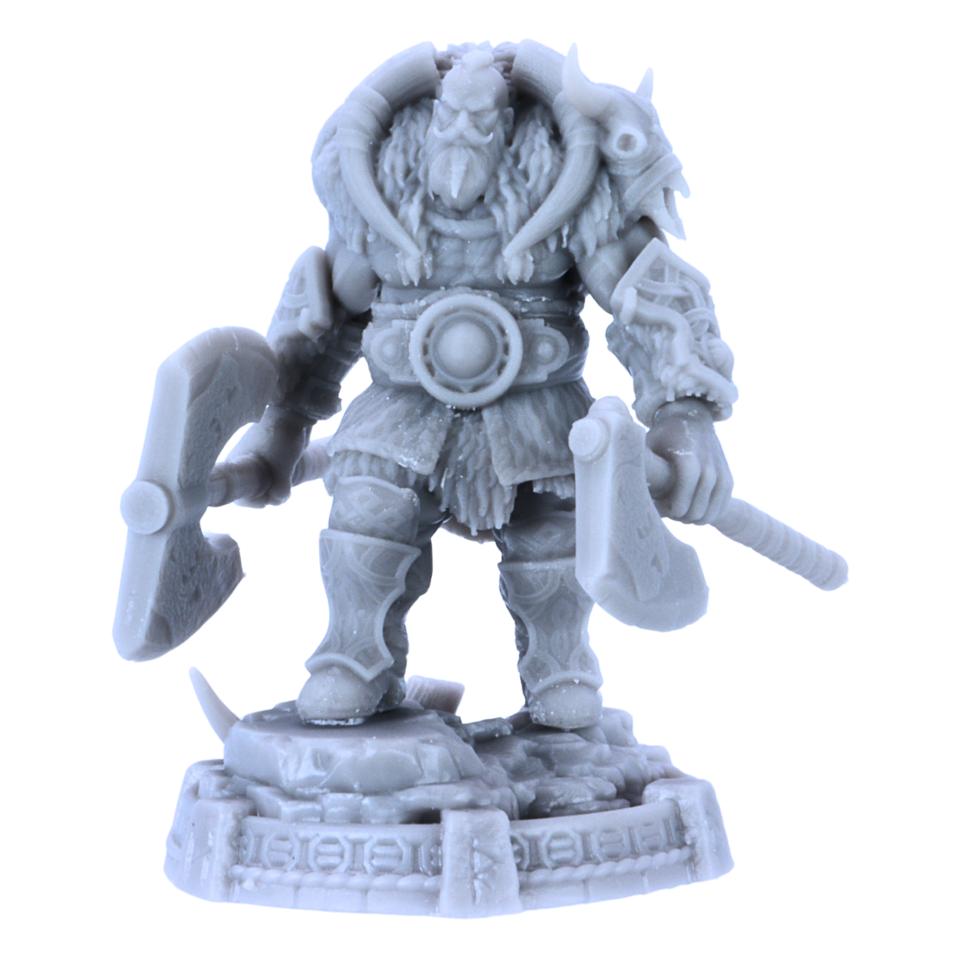 Front view of unpainted Thane Eboncry miniature standing on a rune-carved round base.