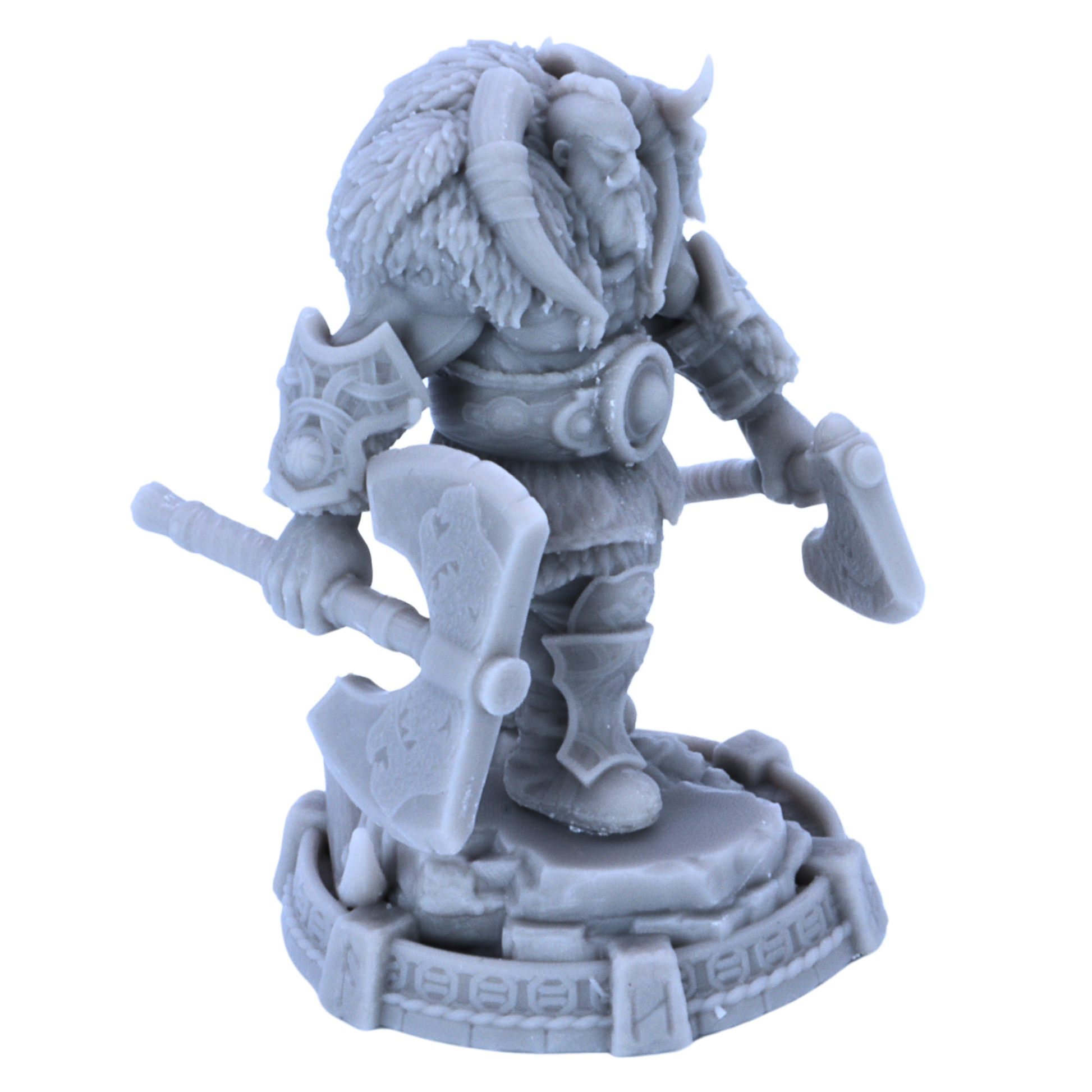 Side angle of unpainted Thane Eboncry miniature showing axe, armour plates, fur mantle, and detailed base.
