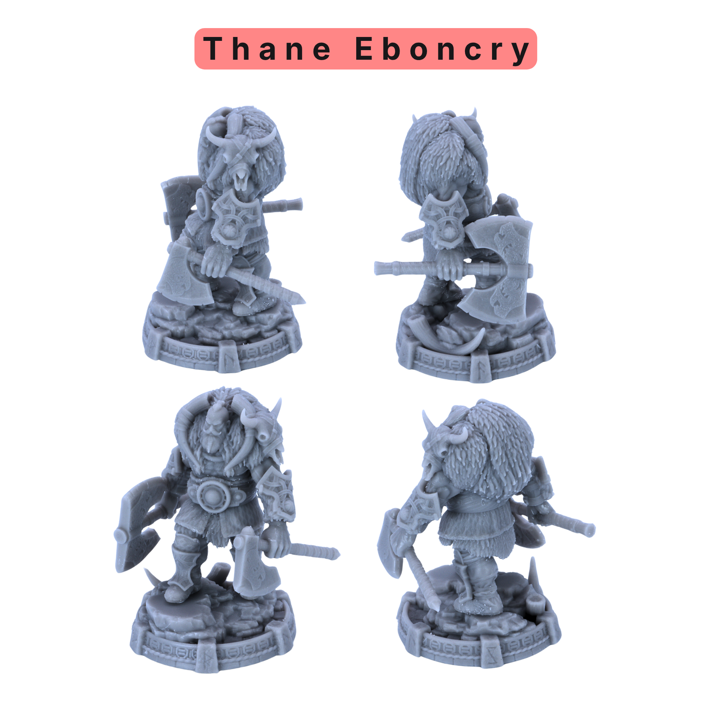 Unpainted Thane Eboncry miniature showing multiple views of a heavily armed Norse fantasy warrior with axe and shield.
