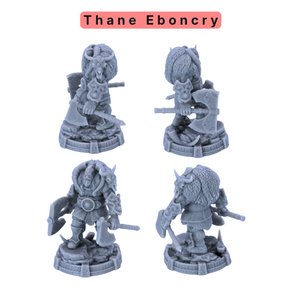 Unpainted Thane Eboncry miniature showing multiple views of a heavily armed Norse fantasy warrior with axe and shield.