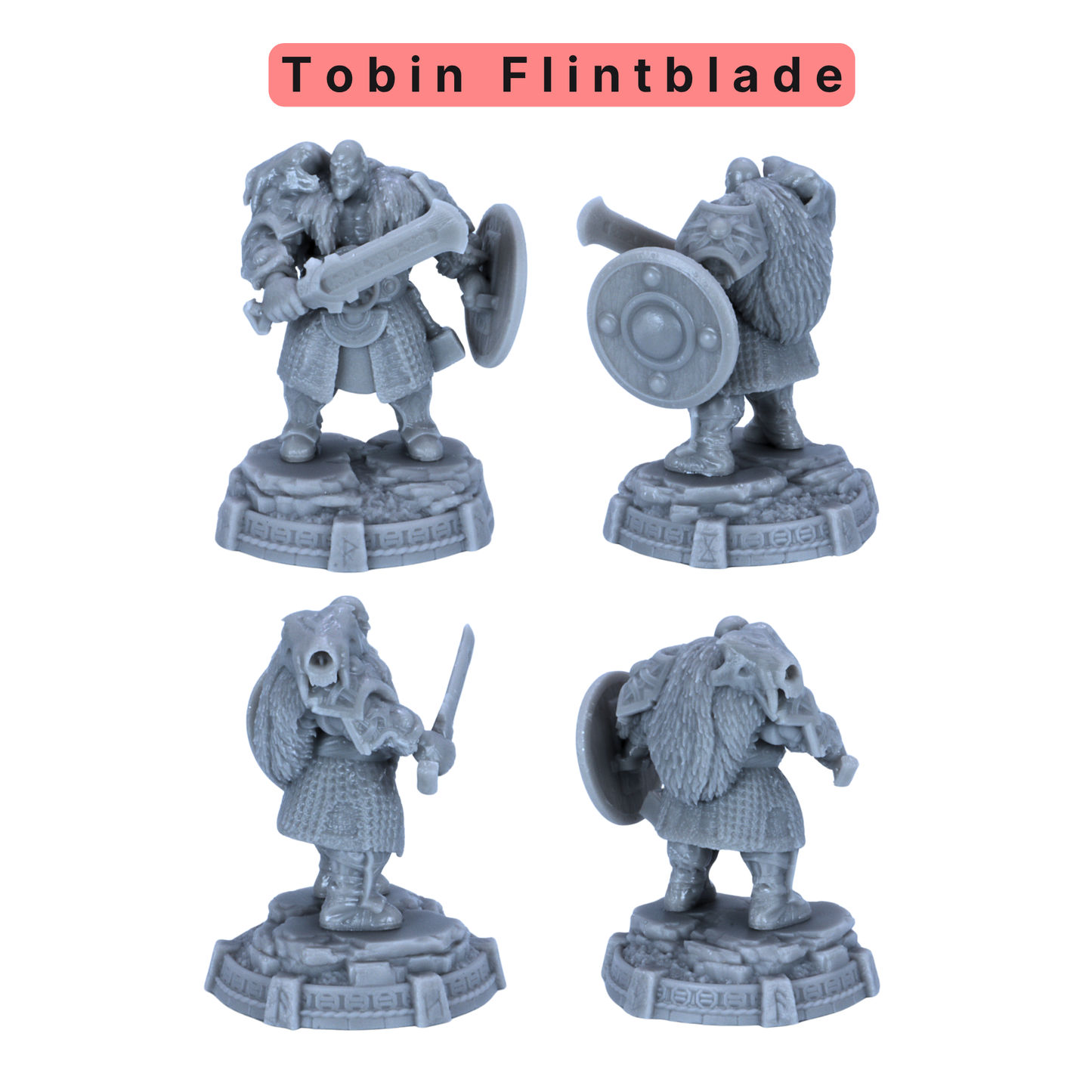 Unpainted Tobin Flintblade miniature showing front, rear, and side views with sword, shield, and fur cloak details.