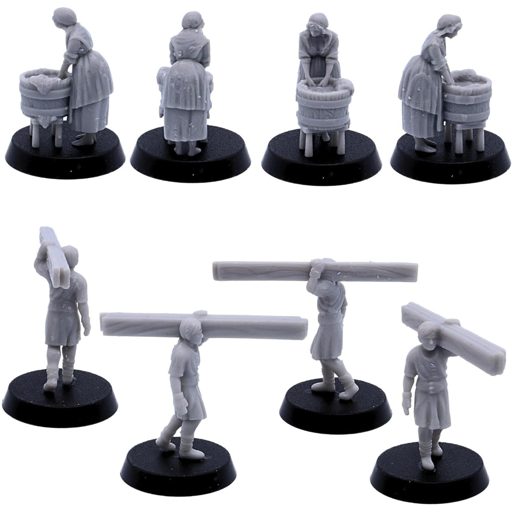 Travelling merchant with heavy supplies and dancing village woman miniatures shown from multiple angles.