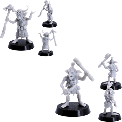 Multiple angles of a Tribal Goblin miniature armed with a rugged fantasy bow.
