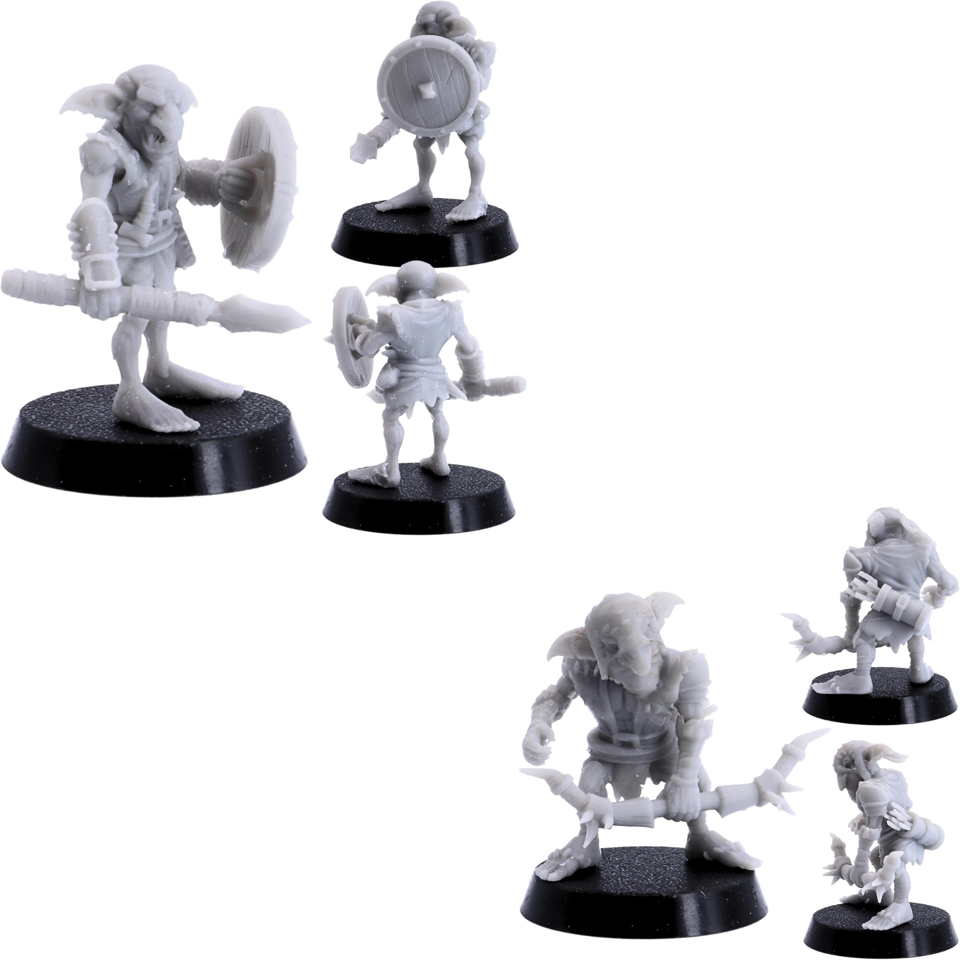 Detailed views of a Tribal Goblin warrior carrying a round shield and crude polearm weapon.