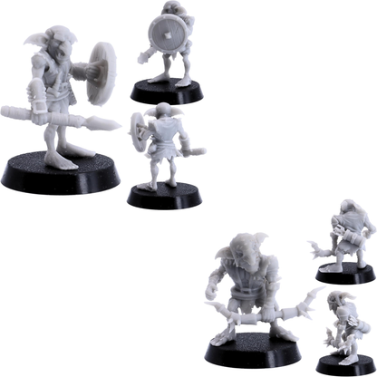 Detailed views of a Tribal Goblin warrior carrying a round shield and crude polearm weapon.