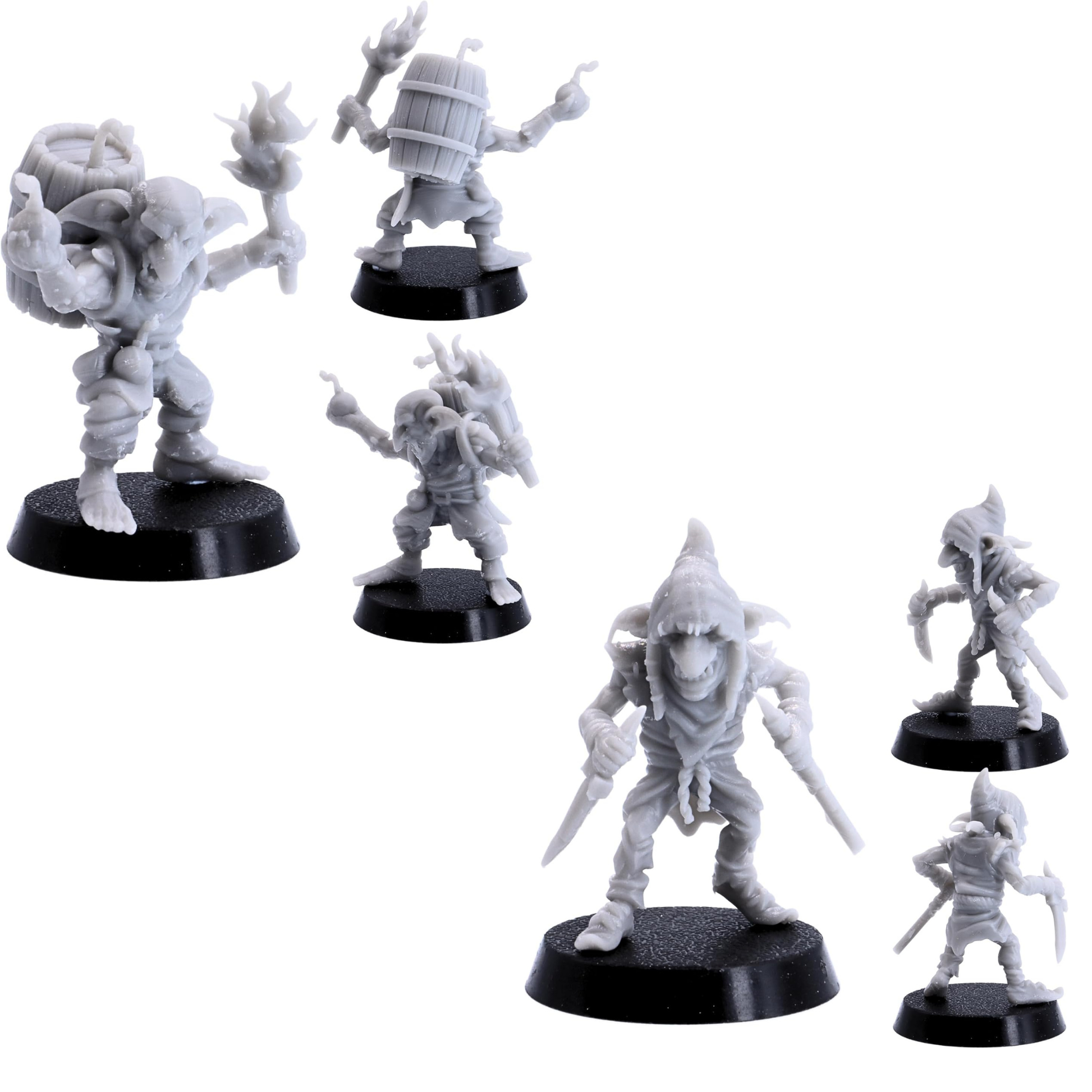 Selection of Tribal Goblin miniatures including torch bearer, dagger fighter, and other characterful fantasy poses.