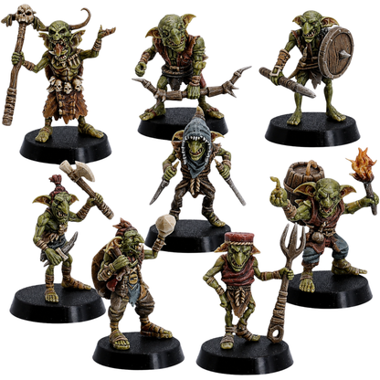 Painted set of eight Tribal Goblin miniatures by Forged Path Miniatures with varied fantasy weapons and tribal equipment.