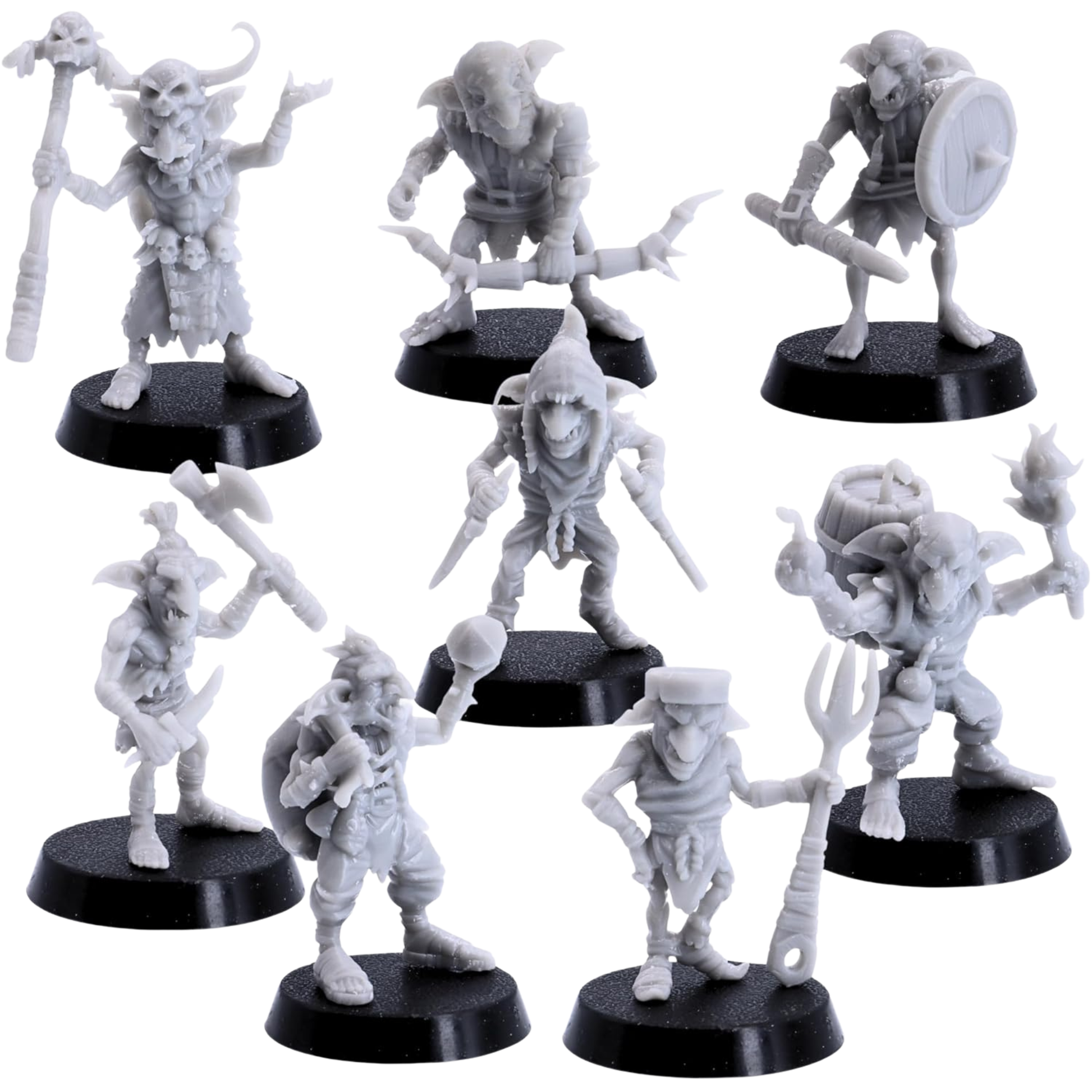Unpainted group of eight Tribal Goblin miniatures showing the full range of poses and equipment.