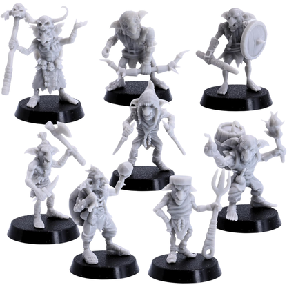Unpainted group of eight Tribal Goblin miniatures showing the full range of poses and equipment.