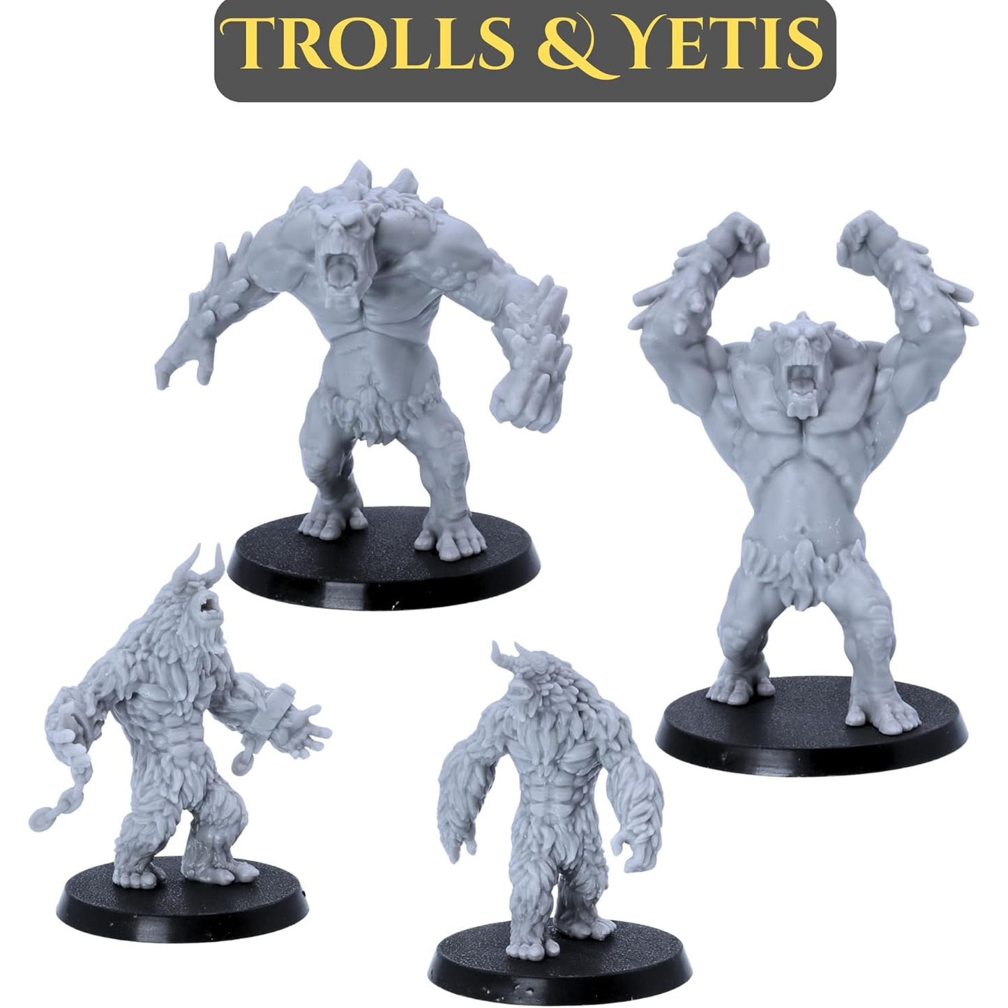 Fantasy Troll and Yeti monster miniatures featuring large muscular and fur-covered creature designs.