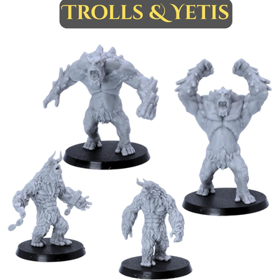 Fantasy Troll and Yeti monster miniatures featuring large muscular and fur-covered creature designs.