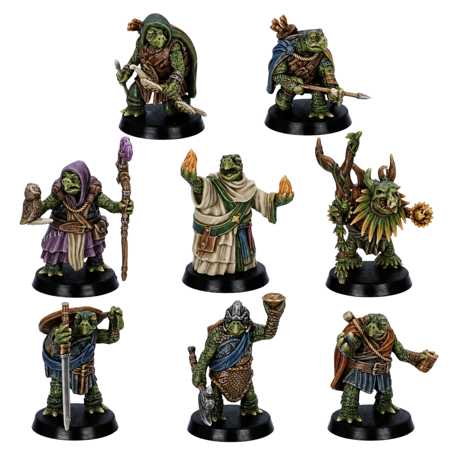 Painted Turtle Folk set by Epic Miniatures showing eight 28mm fantasy turtle adventurer miniatures on 25mm round bases.
