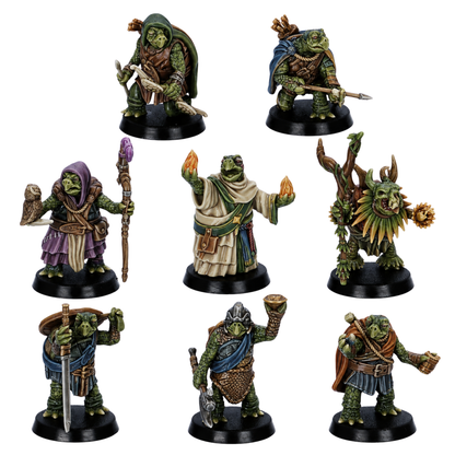 Painted Turtle Folk set by Epic Miniatures showing eight 28mm fantasy turtle adventurer miniatures on 25mm round bases.