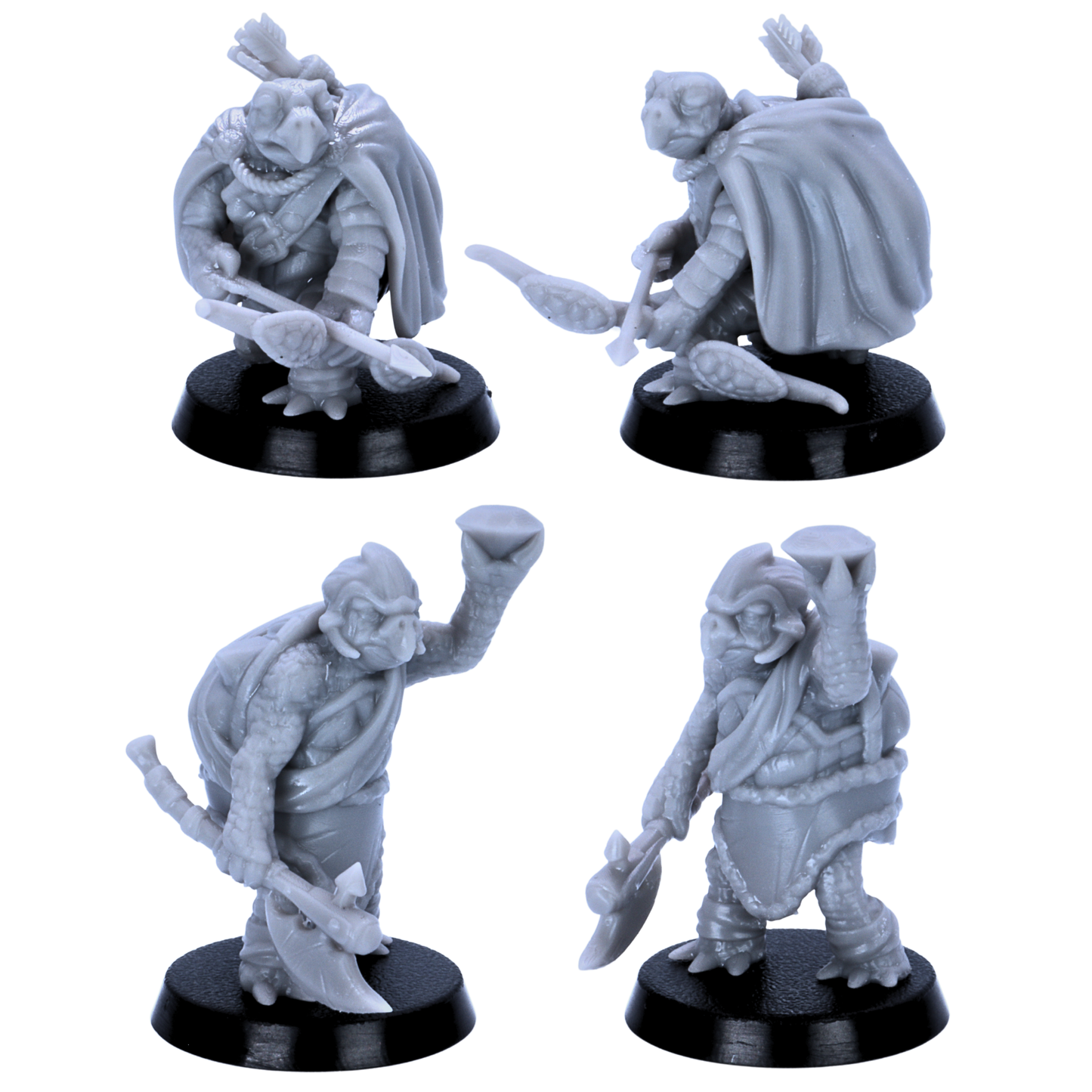 Unpainted Turtle Folk miniatures showing detailed character poses including spellcaster, warrior, spear fighter, hunter, and druid-style figures.