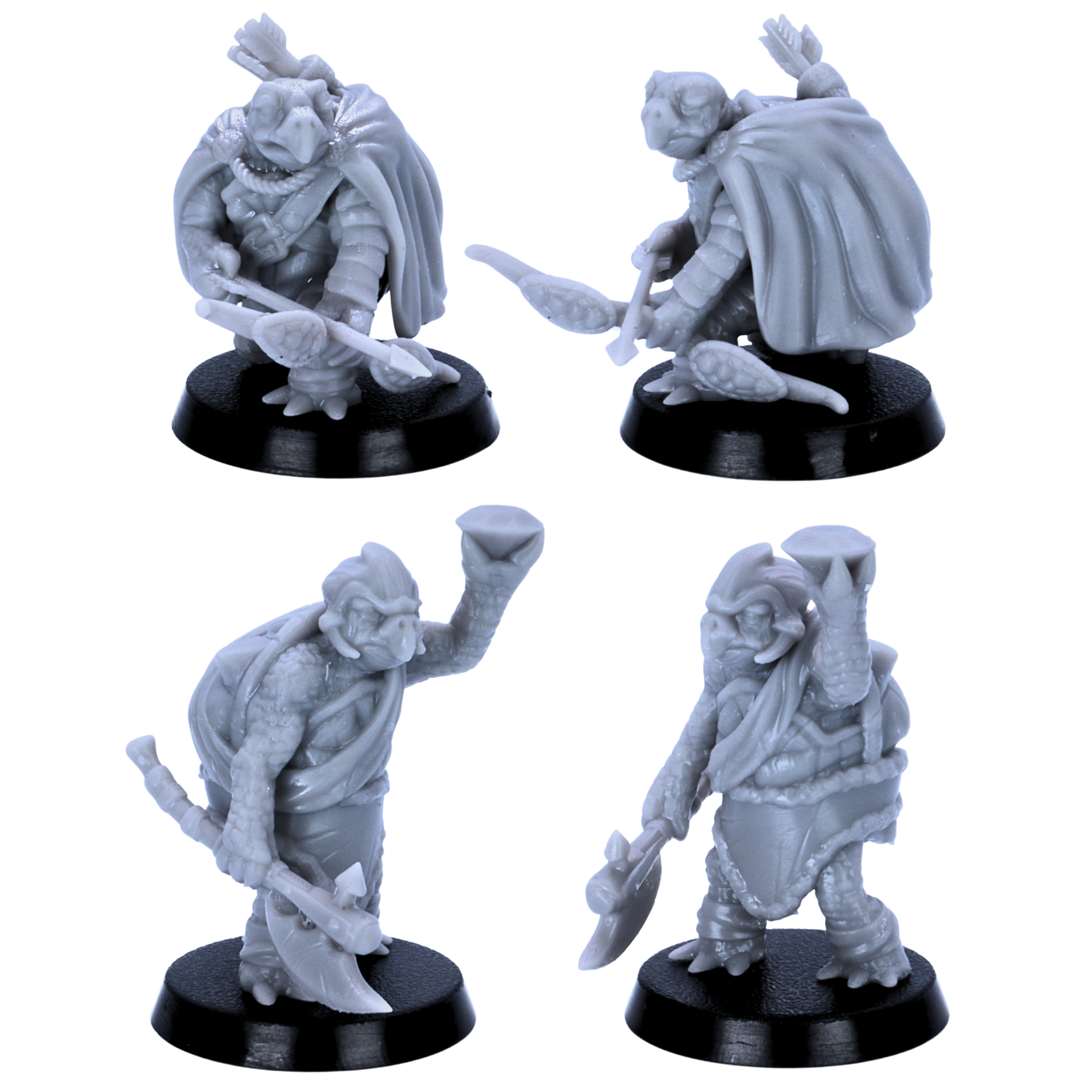 Unpainted Turtle Folk miniatures showing detailed character poses including spellcaster, warrior, spear fighter, hunter, and druid-style figures.