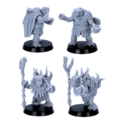 Unpainted Turtle Folk miniatures showing close-up views of turtle shell details, armour, staffs, weapons, and fantasy clothing.