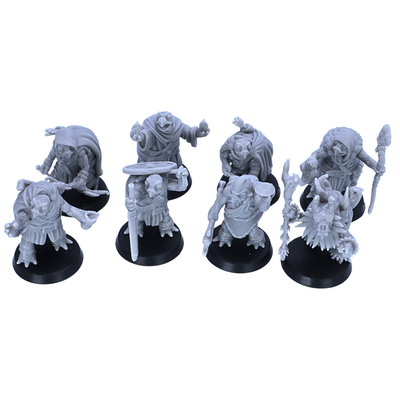 Unpainted Turtle Folk group view showing eight 28mm fantasy turtle adventurers on 25mm round bases.