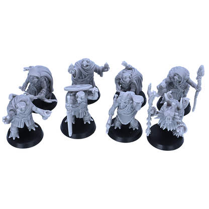 Unpainted Turtle Folk group view showing eight 28mm fantasy turtle adventurers on 25mm round bases.
