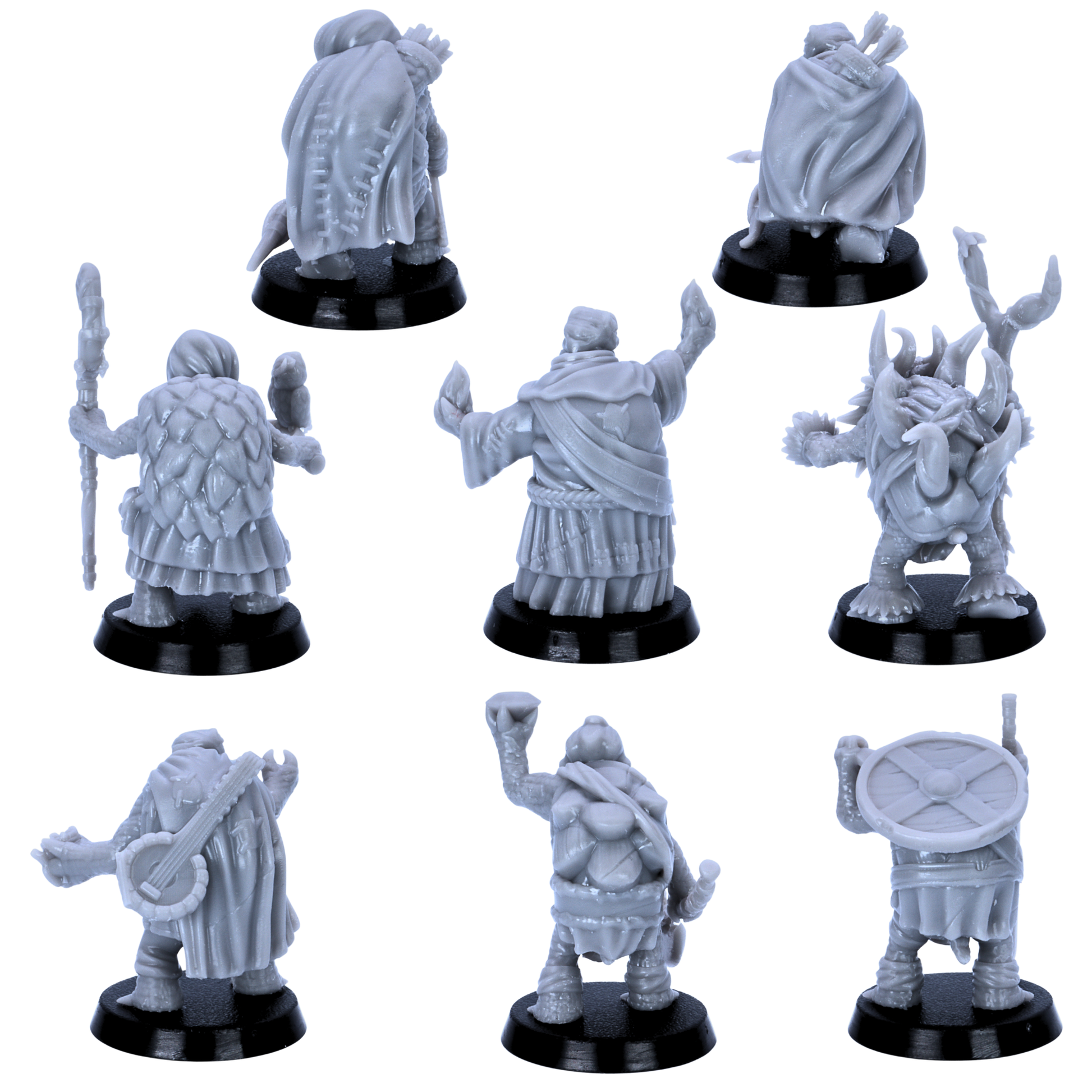 Unpainted Turtle Folk miniatures showing rear views with shells, cloaks, weapons, robes, and adventuring equipment.