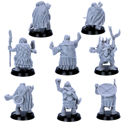Unpainted Turtle Folk miniatures showing rear views with shells, cloaks, weapons, robes, and adventuring equipment.