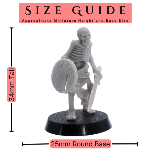 Size guide for Undead Skeletal Warrior miniature showing approximately 34mm tall and supplied on a 25mm round base.