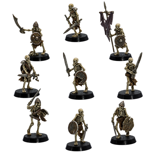 Painted Undead Skeletal Warriors set of 9 by Highlands Miniatures showing fantasy skeleton fighters with swords, shields, armour, and battle standard.