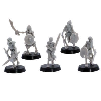 Unpainted Undead Skeletal Warriors showing five fantasy skeleton fighters with blades, shields, helmets, and damaged equipment.