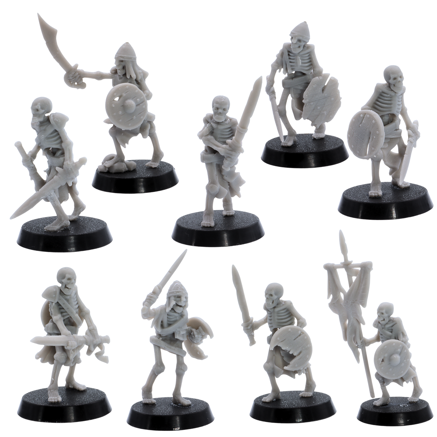 Unpainted Undead Skeletal Warriors set of nine by Highlands Miniatures showing varied skeleton fighters with swords, shields, helmets, and banner.