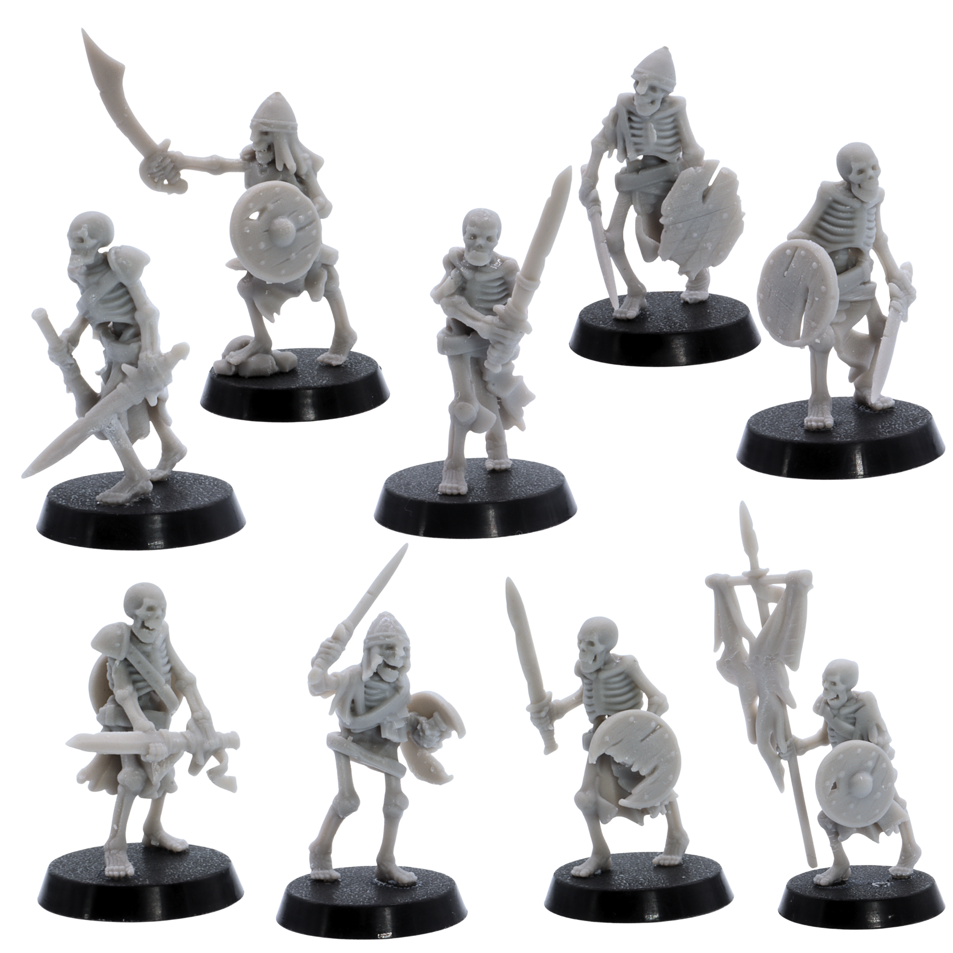 Unpainted Undead Skeletal Warriors set of nine by Highlands Miniatures showing varied skeleton fighters with swords, shields, helmets, and banner.