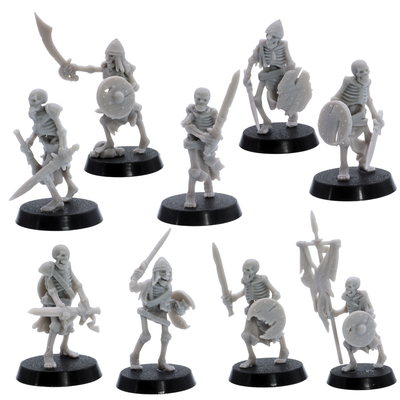 Unpainted Undead Skeletal Warriors set of nine by Highlands Miniatures showing varied skeleton fighters with swords, shields, helmets, and banner.