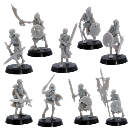 Unpainted Undead Skeletal Warriors set of nine by Highlands Miniatures showing varied skeleton fighters with swords, shields, helmets, and banner.
