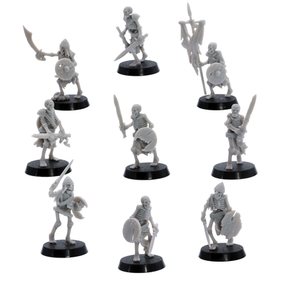 Unpainted skeletal warrior unit by Highlands Miniatures showing nine varied undead soldiers on 25mm round bases.