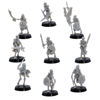 Unpainted skeletal warrior unit by Highlands Miniatures showing nine varied undead soldiers on 25mm round bases.