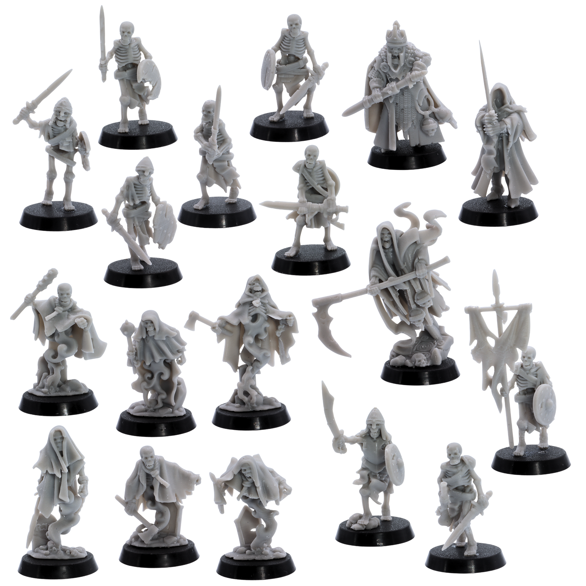 Full unpainted Undead Skeleton Army set of 18 resin miniatures by Highlands Miniatures including skeleton warriors, command models, crypt ghosts, and undead leaders.