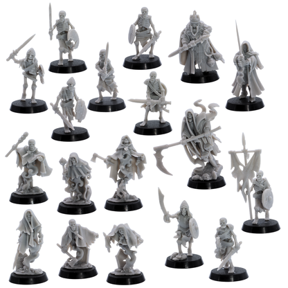 Full unpainted Undead Skeleton Army set of 18 resin miniatures by Highlands Miniatures including skeleton warriors, command models, crypt ghosts, and undead leaders.