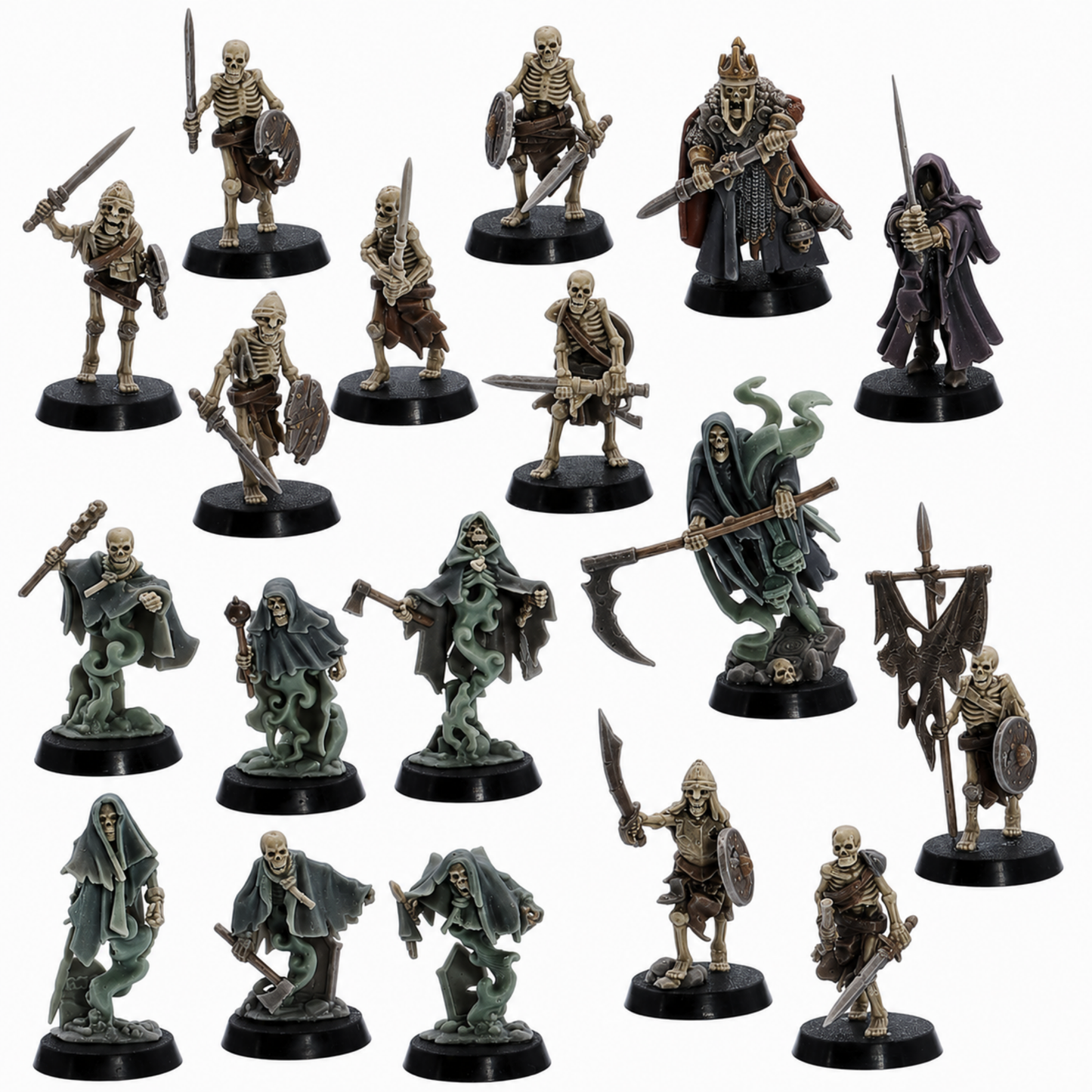 Painted example of an 18 model Undead Skeleton Army fantasy miniature set by Highlands Miniatures with skeleton warriors, ghosts, and undead leaders.