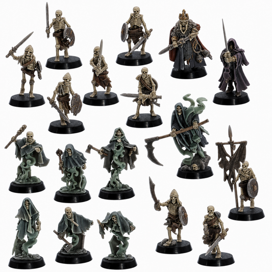 Painted example of an 18 model Undead Skeleton Army fantasy miniature set by Highlands Miniatures with skeleton warriors, ghosts, and undead leaders.