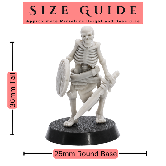 Size guide for a 32mm scale Skeleton Warrior miniature showing 36mm height and 25mm round base.