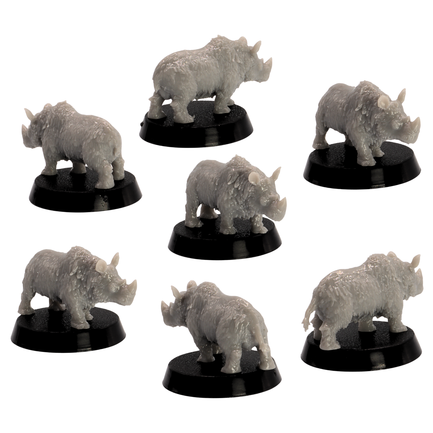 High detail unpainted grey resin baby Woolly Rhino miniature print by Epic Miniatures for tabletop wargaming.