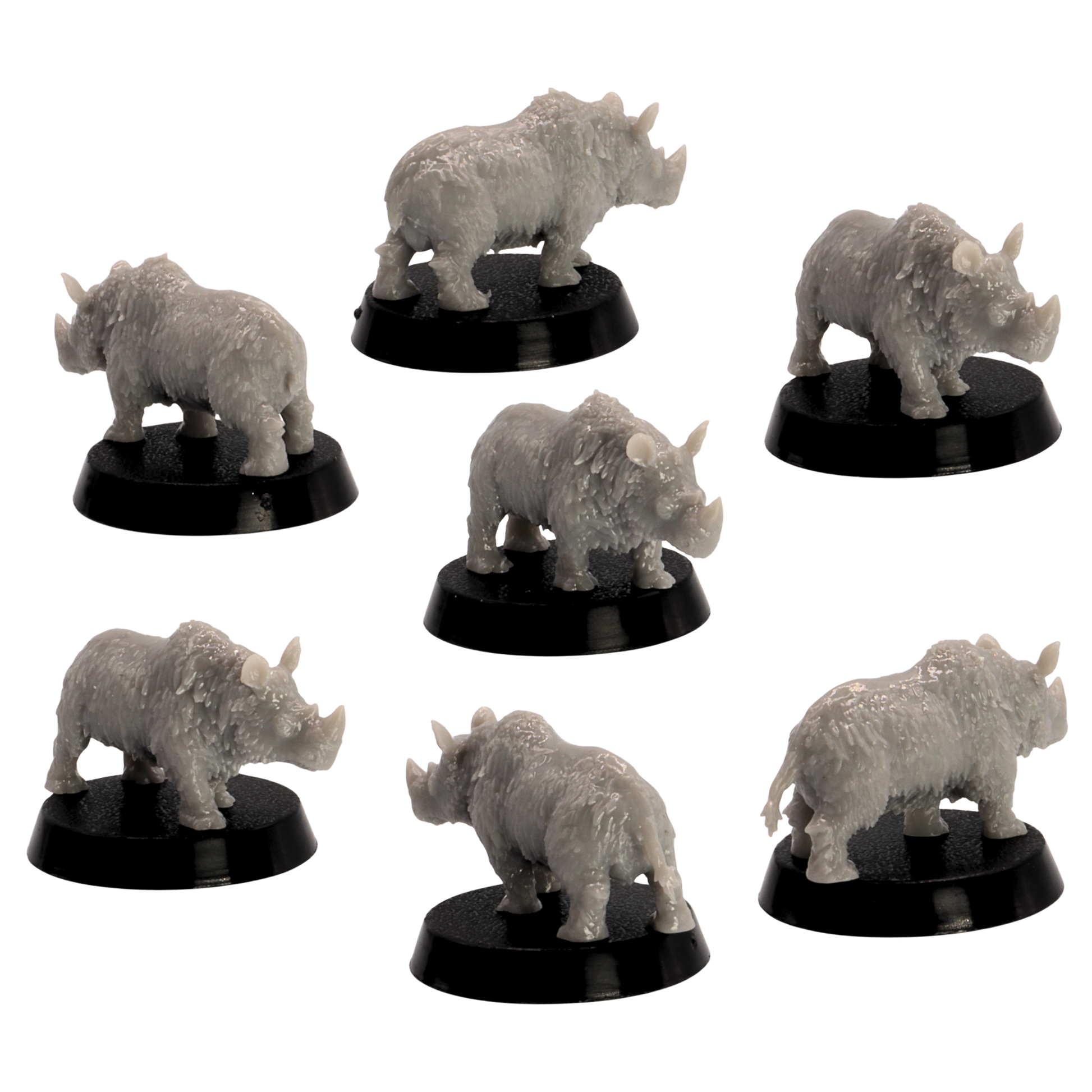 High detail unpainted grey resin baby Woolly Rhino miniature print by Epic Miniatures for tabletop wargaming.