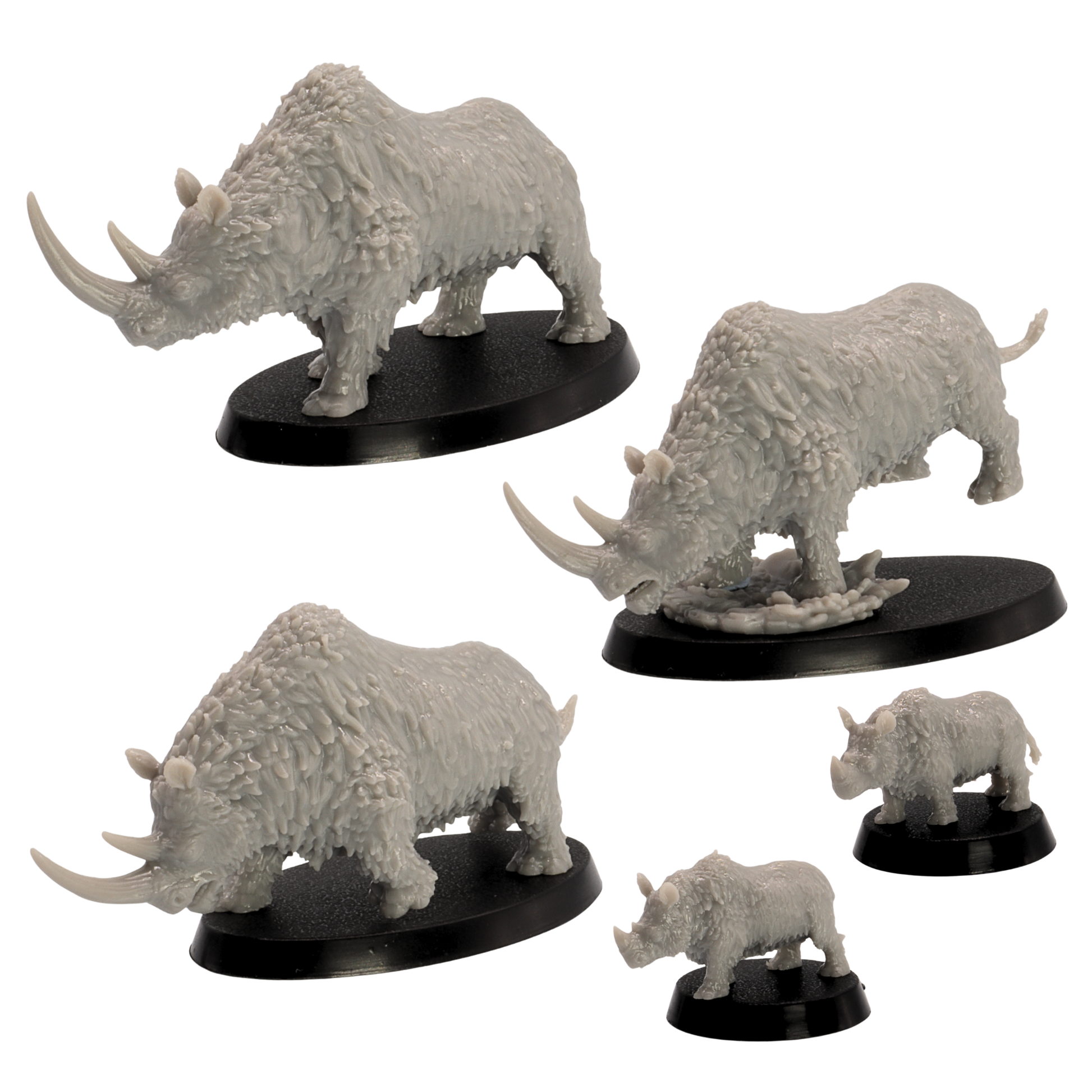 High detail unpainted grey resin Woolly Rhino miniature print by Epic Miniatures for tabletop wargaming.