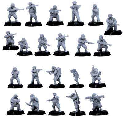 Alt: Unpainted 28mm USMC Infantry miniatures with rifles and support weapons