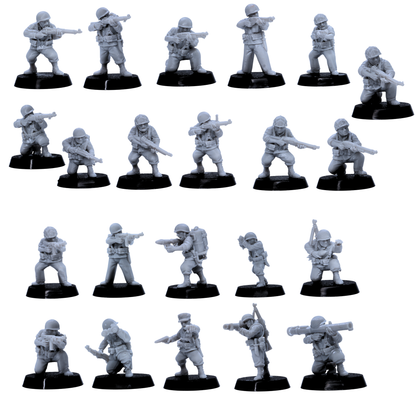 Alt: Unpainted 28mm USMC Infantry miniatures with rifles and support weapons